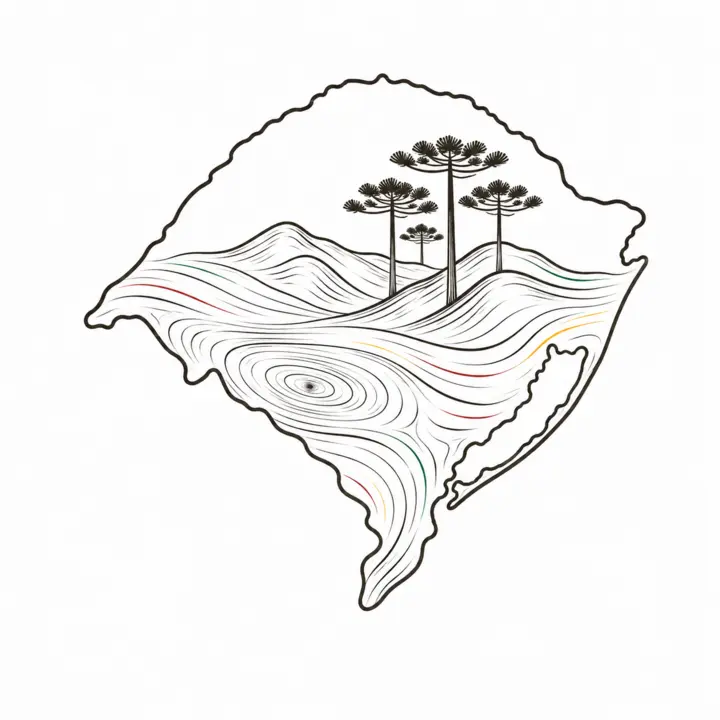 Contorno do Rio Grande do Sul formado por veios de madeira e araucárias